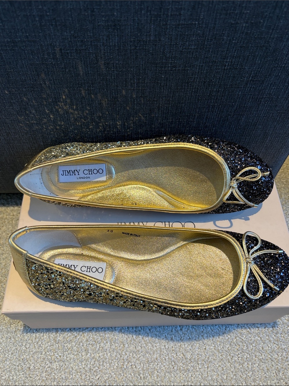 Jimmy Choo Walsh Black and Gold Glitter Ballet Flats - Picture 4 of 7